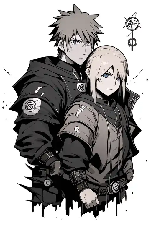  Edward and Alphonse Elric, plus small symbols from Naruto, Boku no Hero, and Bleach. Bold lines, soft shading tattoo design idea