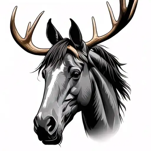 Grey thoroughbred horse head with moose antlers  tattoo design idea