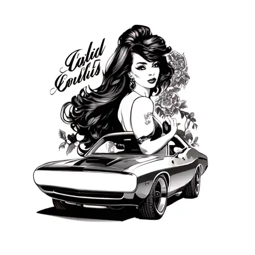 Dodge Challenger with pin up girl tattoo design idea