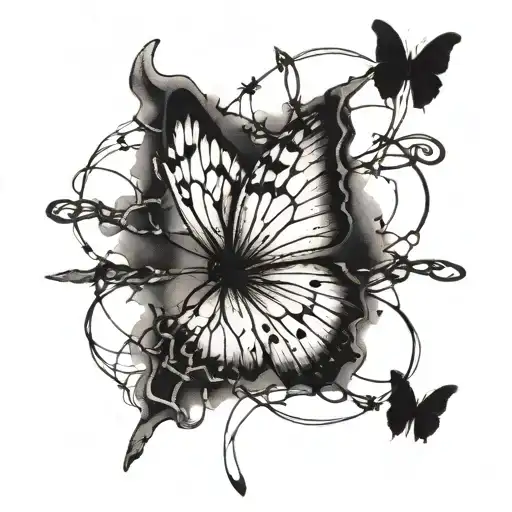 butterfly and barbed wire wrapped tattoo design idea