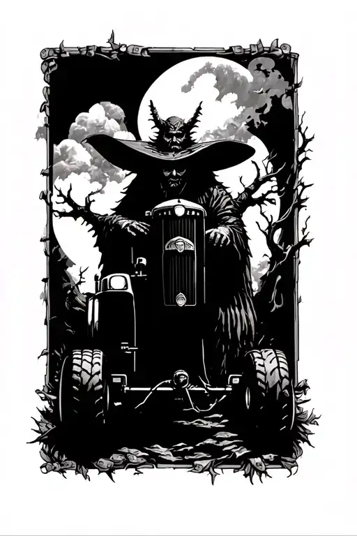 Old school tractor and the witchking from lord of the rings in a sleeve. I also want money bags and blackjack cards tattoo design idea