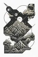 Night sky on collar bone moon on shoulder mountain peaks horizon with stormy lightning and blowing trees to wrap bicep  tattoo design idea