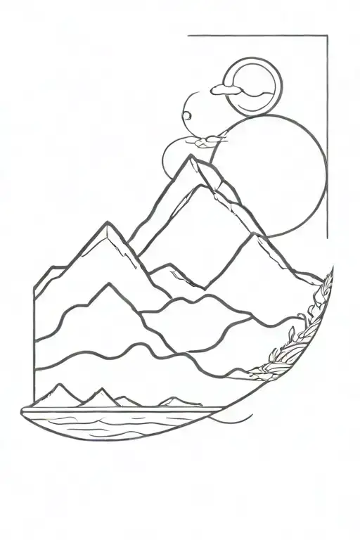 minimalist nature with waves, mountains and sun tattoo design idea