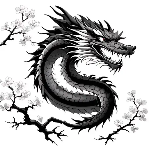 japanes dragon with cherry blossom tree and oni mask with lightning tattoo design idea