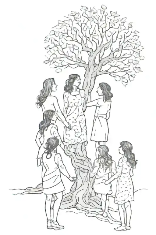 3 women around a tree and holding hands looking up tattoo design idea