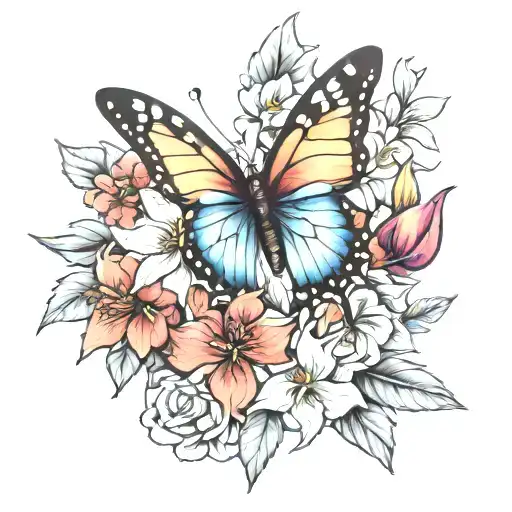 butterfly, half flowers iris and poinsettia bouquet tattoo design idea