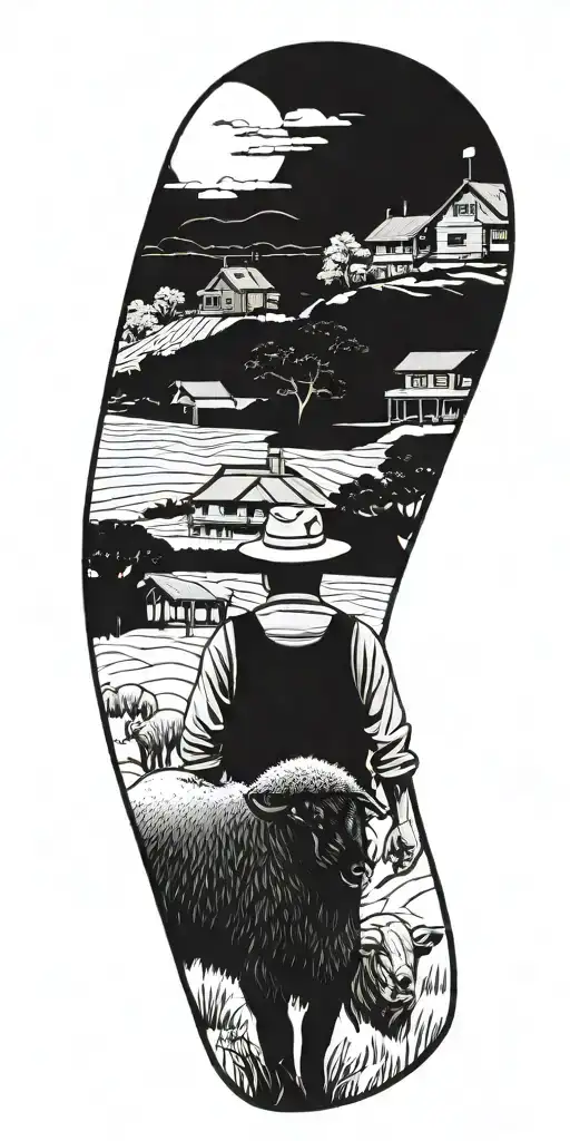 Chinese farmer standing behind black sheep. with a house and north Carolina in the background tattoo design idea