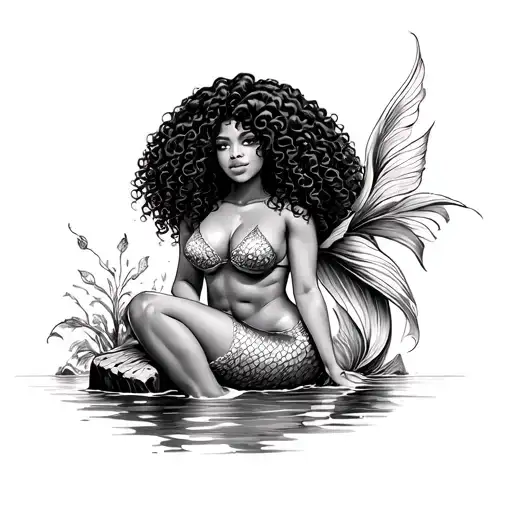 generate tattoo African mermaid with curly afro drawing with koi fish color tail no seperate legs sitting on rock tattoo design idea