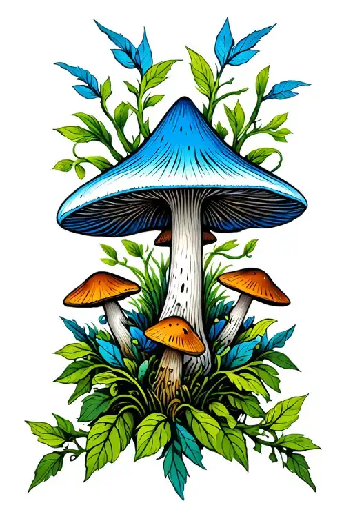 pointy white brown blue psilocybin mushrooms with ayahuasca vines tattoo design idea