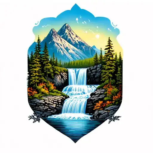 nature scene waterfall mountain tattoo design idea