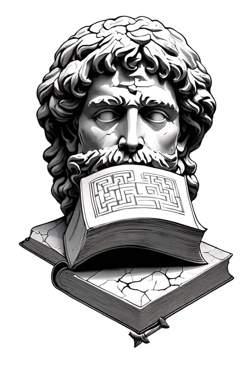 Black & grey Greek tattoo, statue covering mouth, cracked marble, book, oil lamp, Socrates bust, Greek key, upper arm. tattoo design idea
