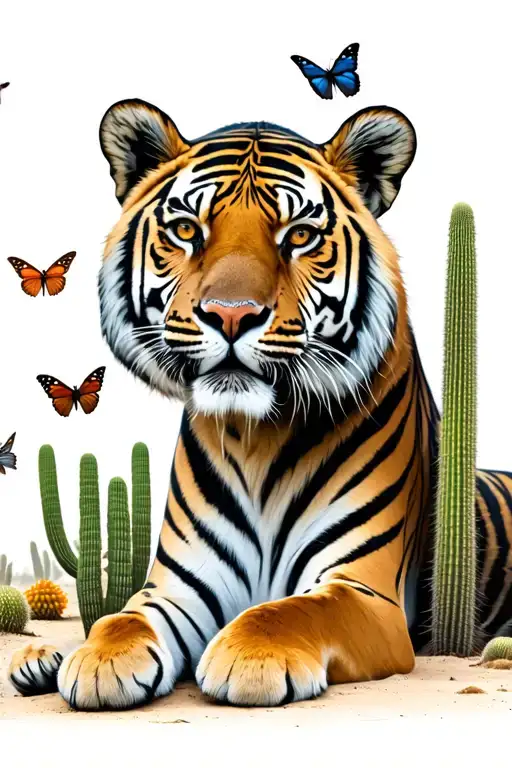 tiger lying in the desert with pretty cactus, plants and 5 butterflies flying around it  tattoo design idea