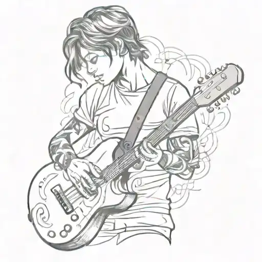 A sketch style tattoo of a student holding a guitar and surrounded by musical notes tattoo design idea