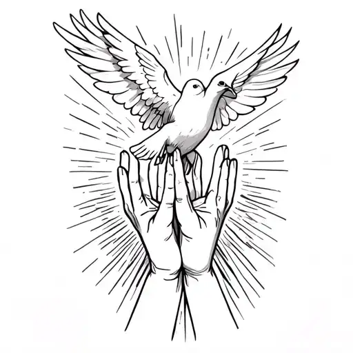 Open praying hands with a dove flying out of sunshine Tessa 10-06-23  tattoo design idea