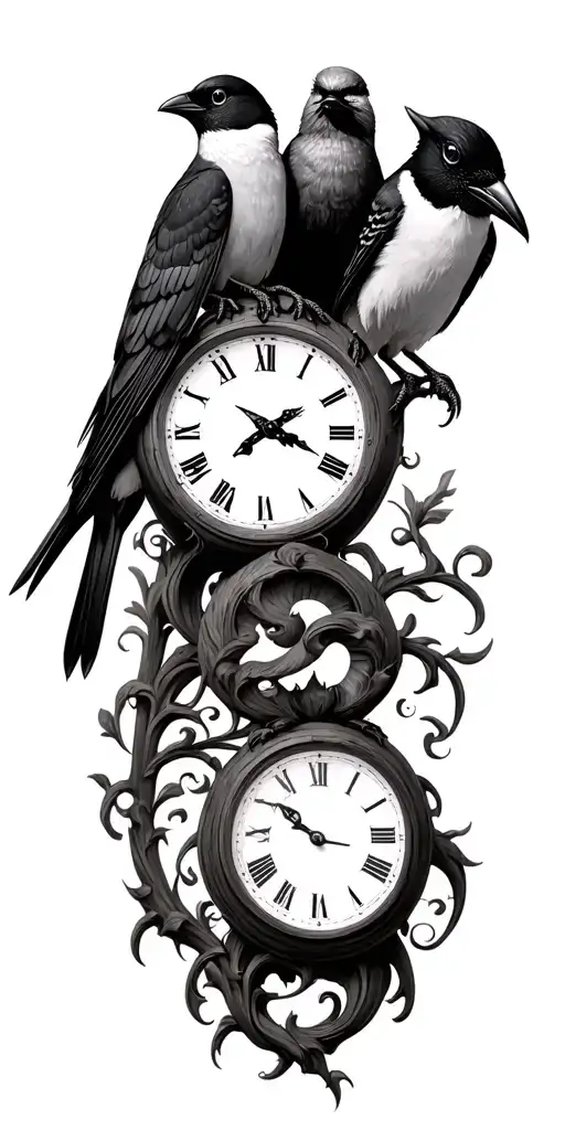 Design a tattoo of a family of birds perched on a clock, symbolizing the time spent together as a family tattoo design idea