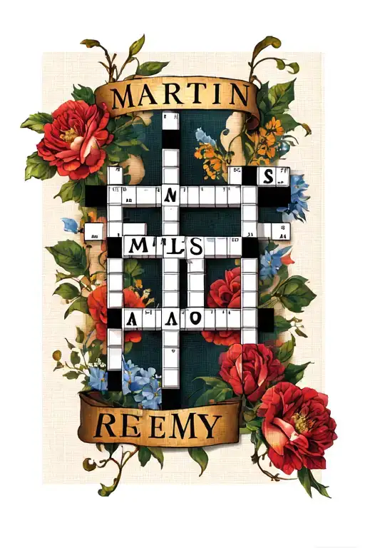 "Martin Miles Remy" generate a new image inspired by the crossword-style tattoo layout you shared, using the names MARTIN, MILES, and REMY tattoo design idea