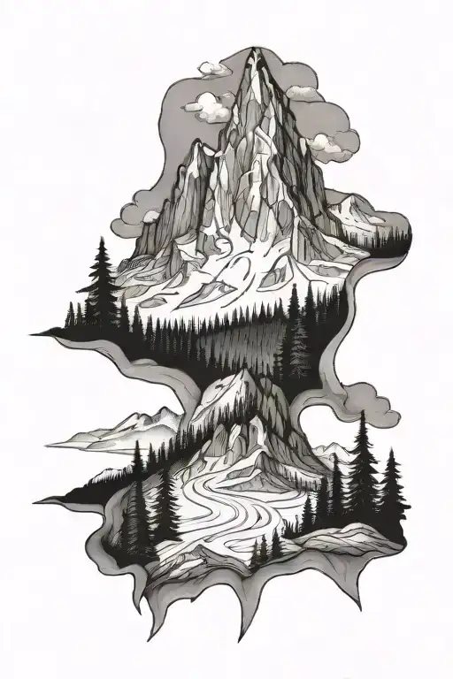 wilderness, mountains, trees, downhill skiing tattoo design idea