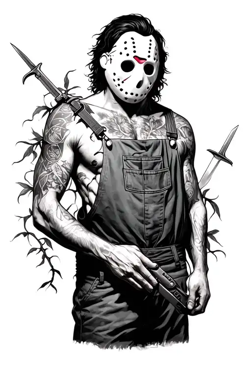 jason mask, Hannibal lector mask, stab vhs, good guy overalls,  consumed by vines  tattoo design idea