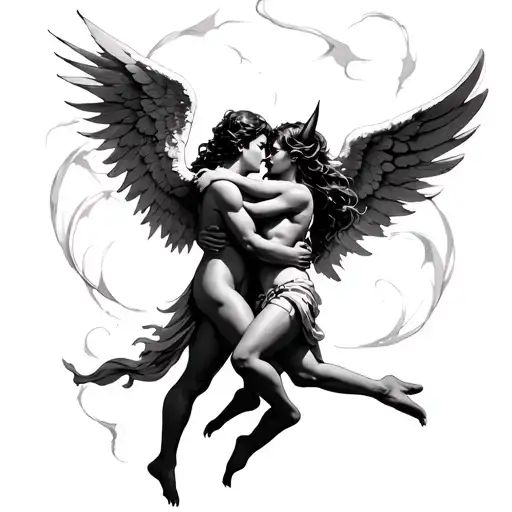 an angel and devil hugging in the air  tattoo design idea