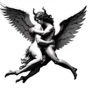 an angel and devil hugging in the air  tattoo design idea