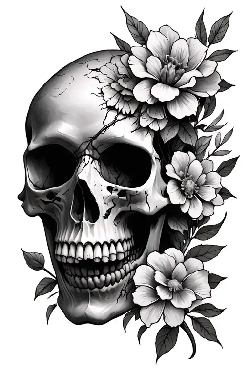 The living skull and the skull flowers: a human skull but partially covered with skin, with scars. tattoo design idea