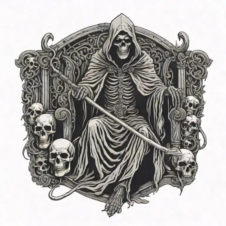 A grim reaper in a long robe, sitting on a throne made from skulls and holding a large scythe in his hands  tattoo design idea