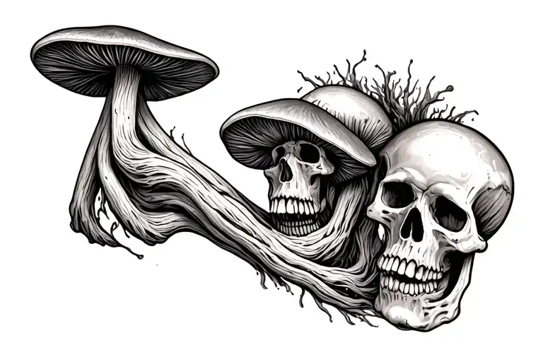 long skinny magic mushrooms with skulls and epic colours tattoo design idea
