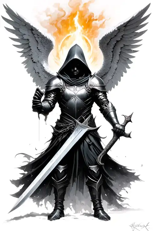angel holding a sword (who face is dark under a hood wearing armor with six wings) make it look badass tattoo design idea