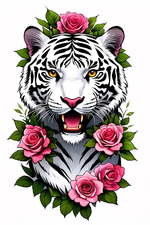 A white tiger with pink or red roses around it (can add extra stuff like leaves) tattoo design idea