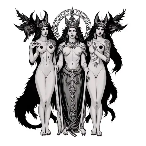 the three headed goddess with their symbols and hell hounds tattoo design idea
