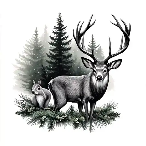 PNW evergreens. lush, moody forest vibe. Deer and squirrel. delicate, detailed, etherial tattoo design idea