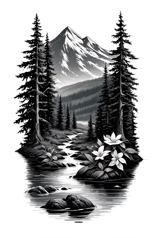 forest with river flowing and mountain in background with flowers tattoo design idea