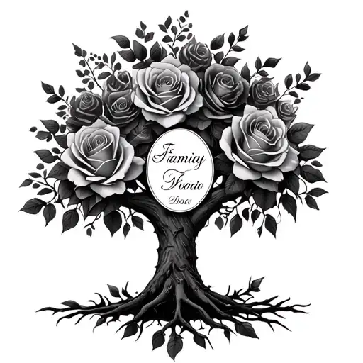 roses and family tree with three names incorporated tattoo design idea