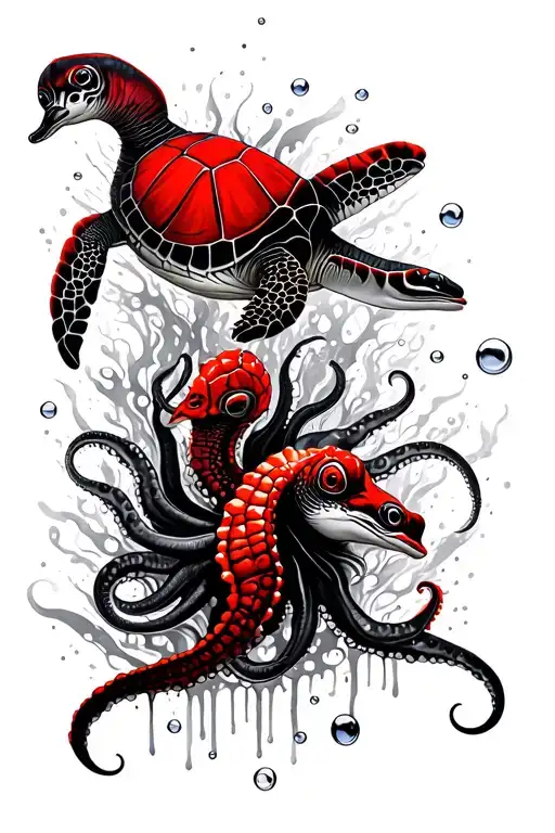 black and white drawing of underwater scene with a turtle, dolphin, octopus, and sea horse with bubbles. simplistic line tattoo design idea