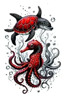 black and white drawing of underwater scene with a turtle, dolphin, octopus, and sea horse with bubbles. simplistic line tattoo design idea