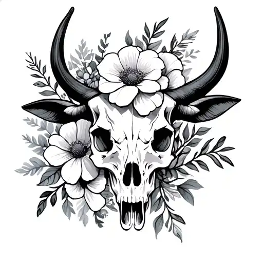 Birth flower banquet April, July, October, and November with Steer Skull Head tattoo design idea