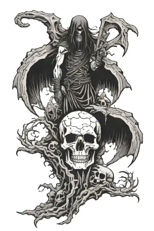 Death angel standing, on a montain of skull, with the number 0555 in gothique letter  tattoo design idea