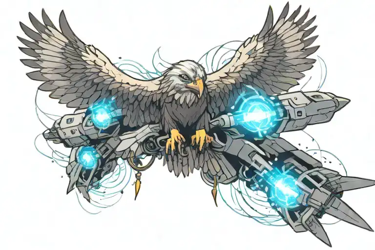 large eagle with wings spread above a futuristic, high tech military drone tattoo design idea