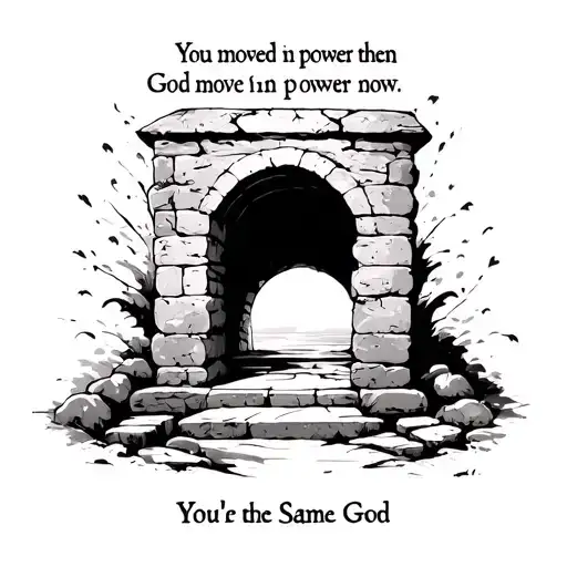 minimalist. a picture of the empty tomb that reads "You moved in power then God move in power now. You're the Same God tattoo design idea
