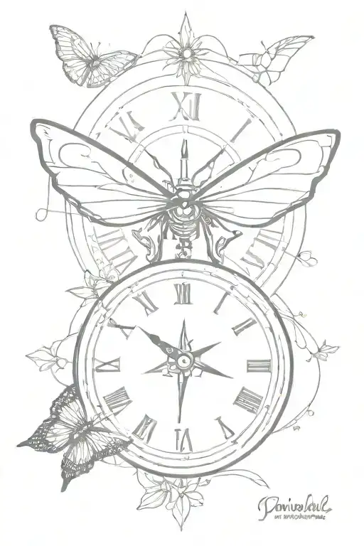 clock, compass butterfly tattoo tattoo design idea