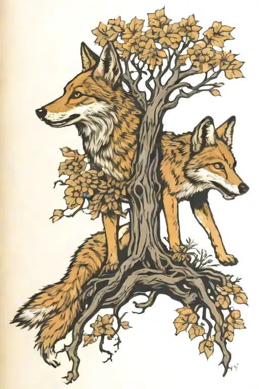coyote and tree of life and renaissance engraving tattoo design idea