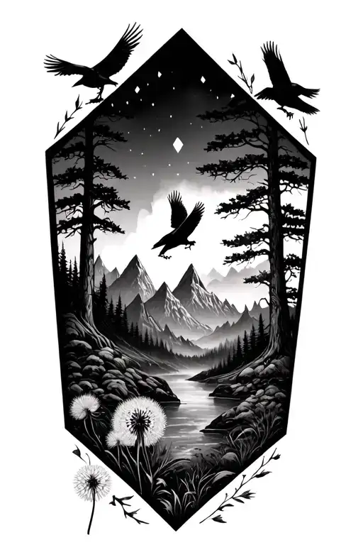  forest tattoo inspired by Viking lore and art work. shaped like a diamond.  have trees, ravens, mountains, dandelions. tattoo design idea