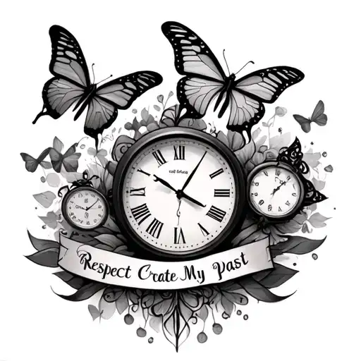 three clocks, butterflies with words respect my past create my fure tattoo design idea