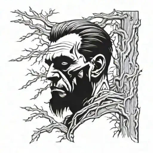 Frankenstein into a creepy wood carving design tattoo design idea