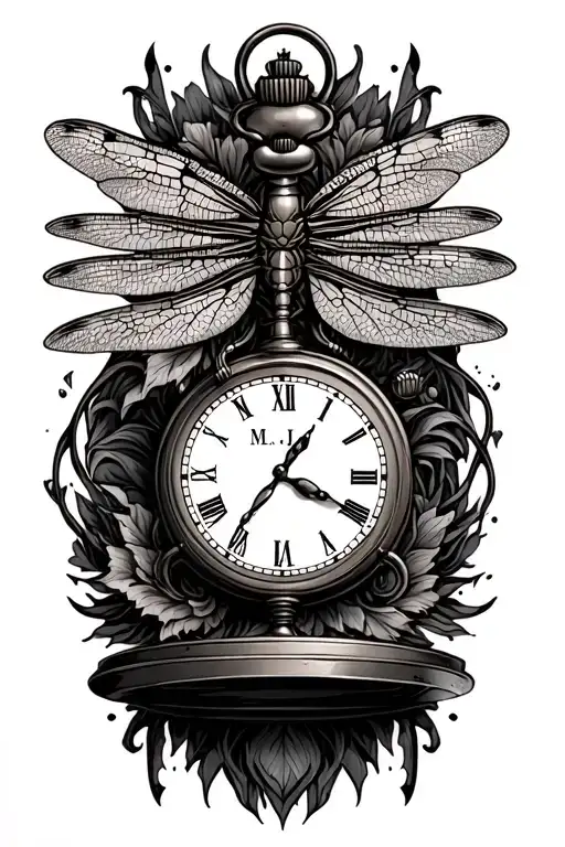 dragonfly surrounded with a pocket watch and the initials M, L, J, I tattoo design idea