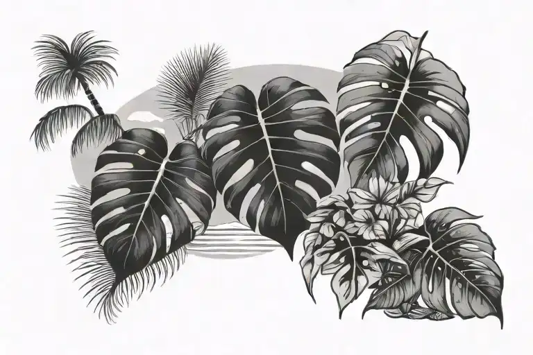 monstera and tropical flowers in the foreground, beach scene in the background with a low horizon line, and sun left tattoo design idea