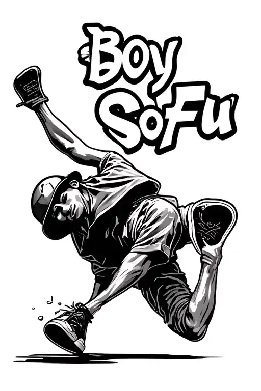 "Bboy SoFu" breakdancing tattoo featuring an air freeze and the text being graffiti style tattoo design idea