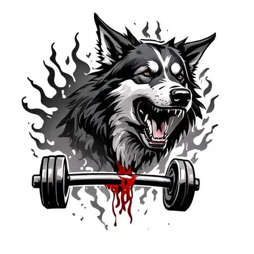 feral dog with sharp teeth and blood around mouth open holding a barbel weight surrounded by rips and tears and flames  tattoo design idea