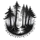 A mystical forest scene with witchcraft symbols hidden in the trees tattoo design idea