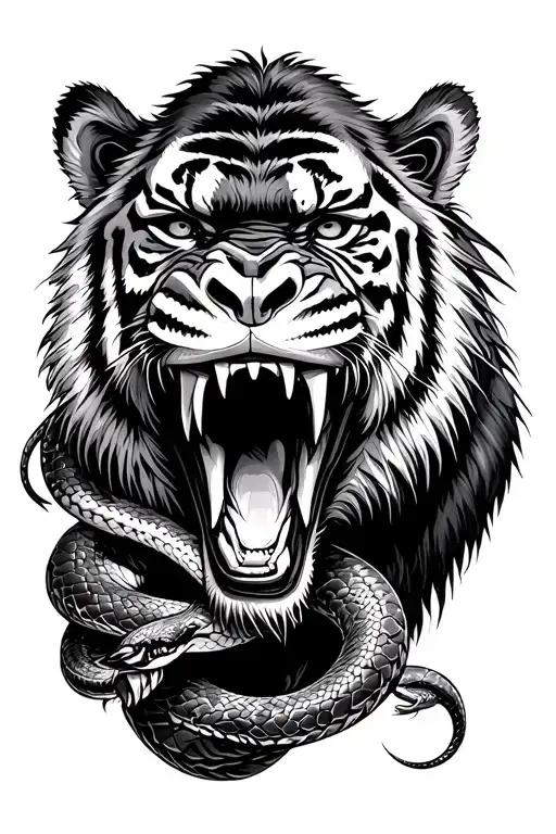half face tiger, half face gorilla, roaring, surrounded by snakes tattoo design idea